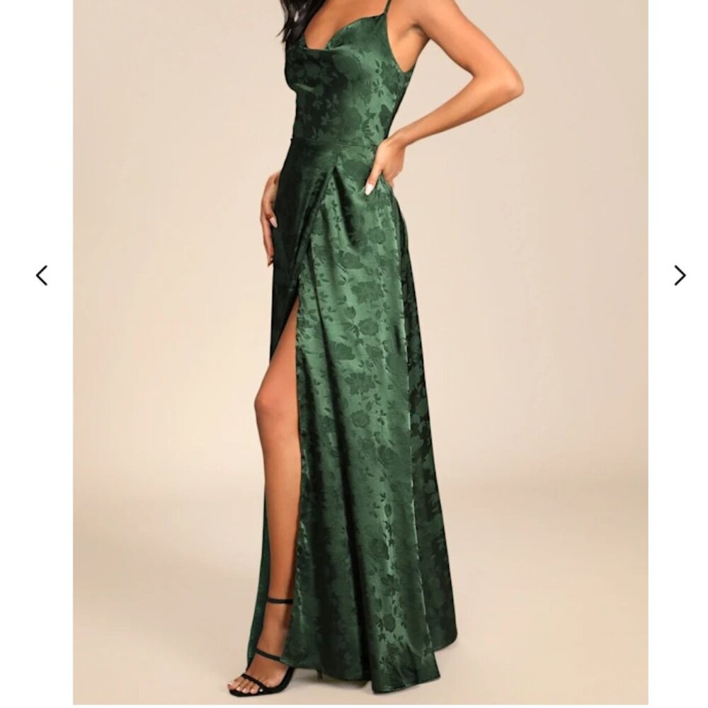 Lulus Dreamy Emerald Green Satin Floral Maxi Dress